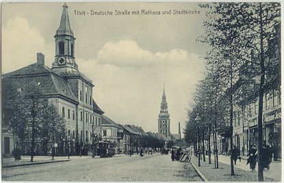 Tilsit - German street with city hall and city church